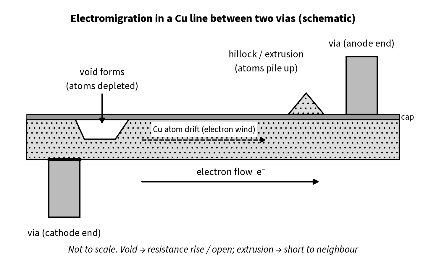 Schematic cross-section of a copper line between two vias with a void near the cathode via and a hillock near the anode end