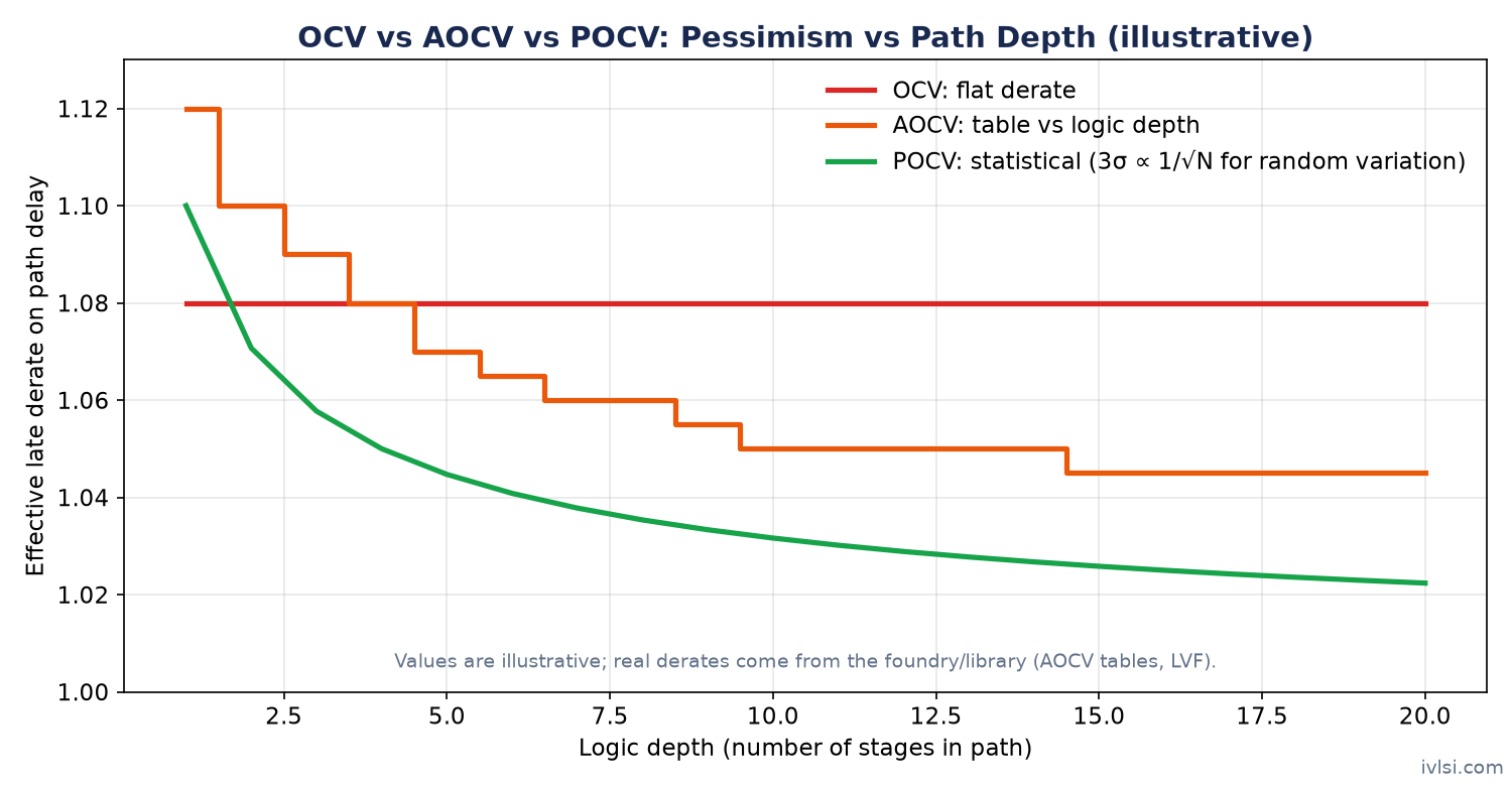 OCV vs AOCV vs POCV derate versus logic depth comparison chart